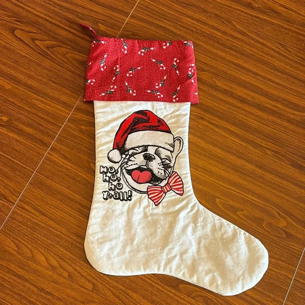 French Bulldog Christmas Stocking‎ Ho Ho Ho Y'all Embroidered Dog Holiday Decor